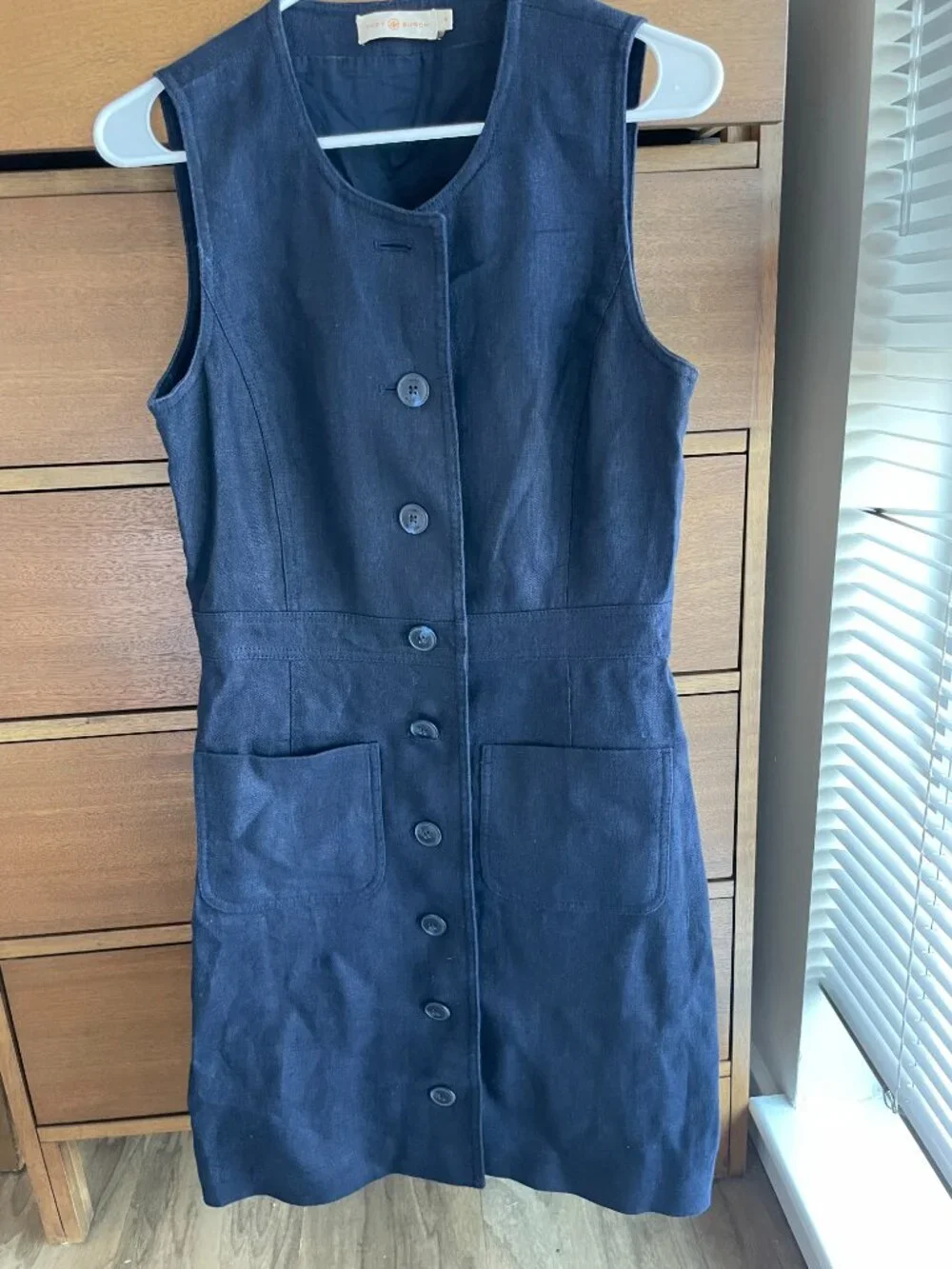 Tory Burch Navy Blue Button Front Linen Shift Dress size 6